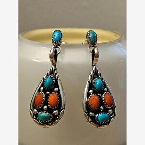 Vintage Large Navajo Sterling Silver Turquoise & Coral Dangle Earrings